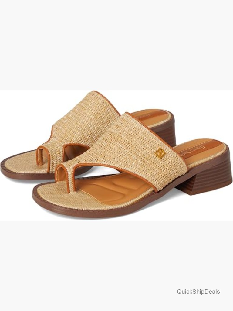 Raffia Thong Slide Sandals With Block Heel
